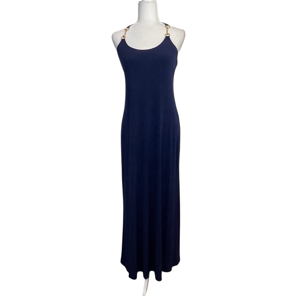 Boston Proper Navy Blue Maxi Halter Dress with Gold Chain/Buckles